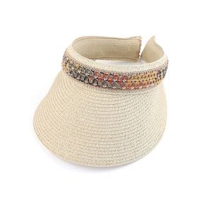 White 
C.C straw sun visor with colorful cutout faux leather trim band